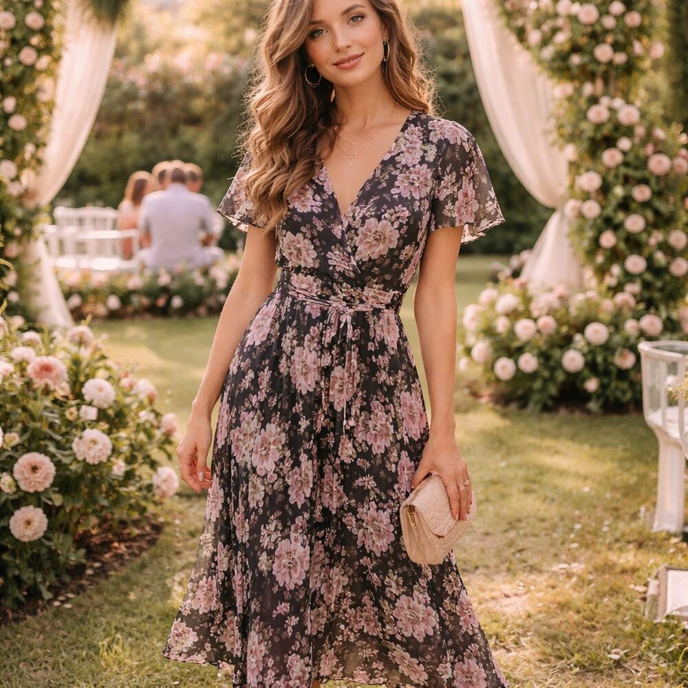 Band of Gypsies Black Floral Boho Midi Dress Size Medium